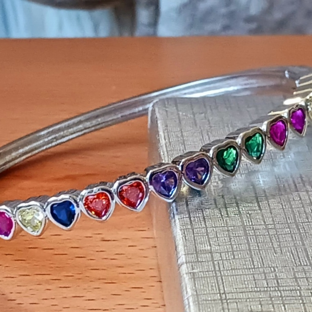 STERLING Silver Bangle Bracelet with Sparkling Colorful Heart Shaped Gemstones - Picture 4 of 15